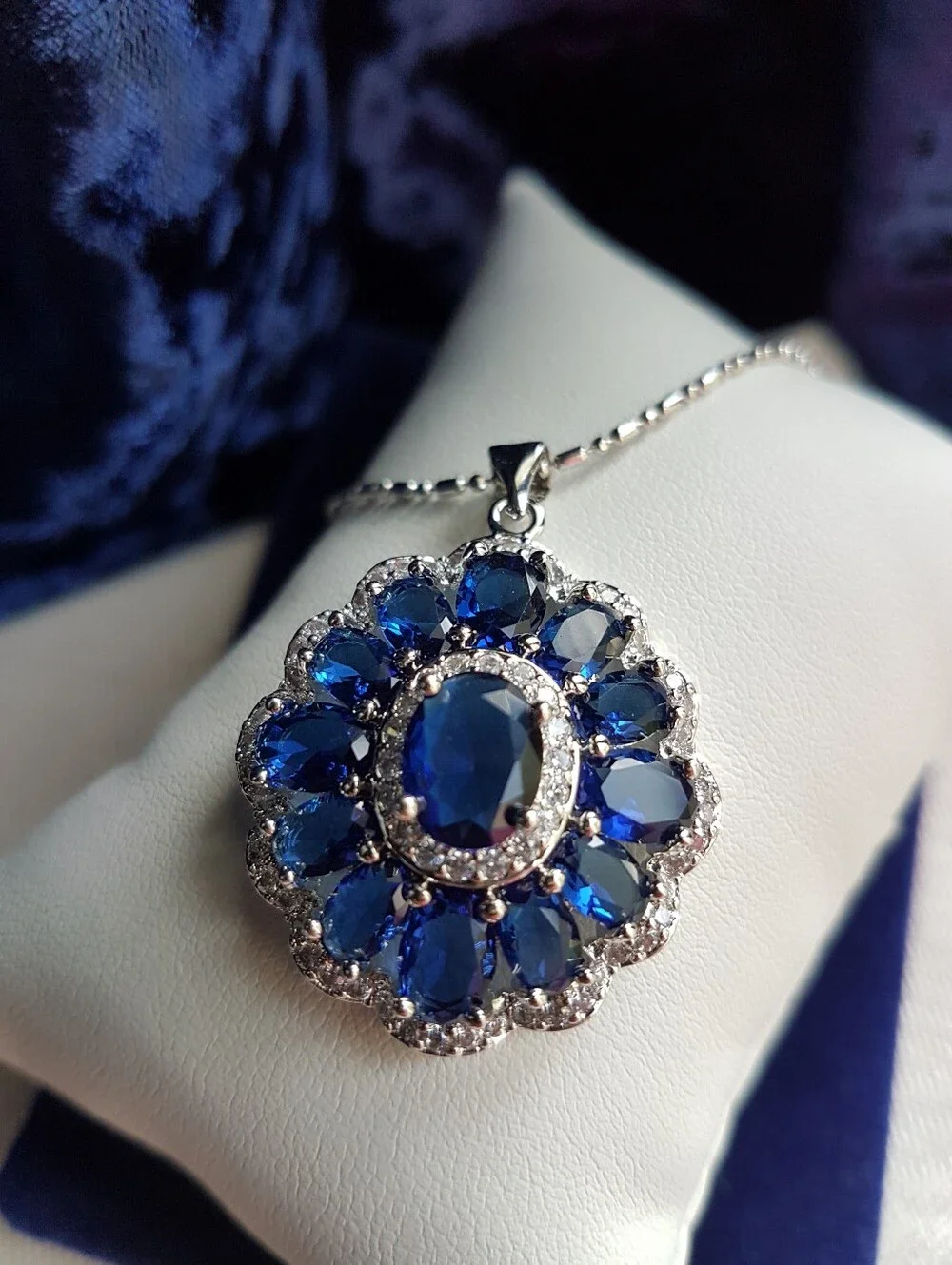 Swarovski Elements Blue Sapphire 925 Sterling Silver Statement Necklace NEW